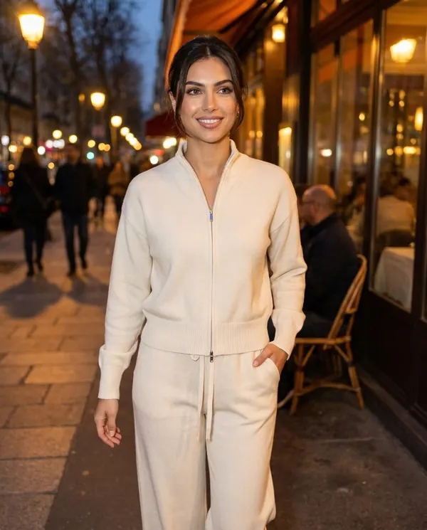Satin Eve styling: Cream Zip Cardigan and Wide-Leg Knit Trouser Set