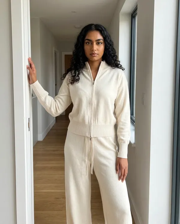 Satin Eve styling: Cream Zip Cardigan and Wide-Leg Knit Trouser Set
