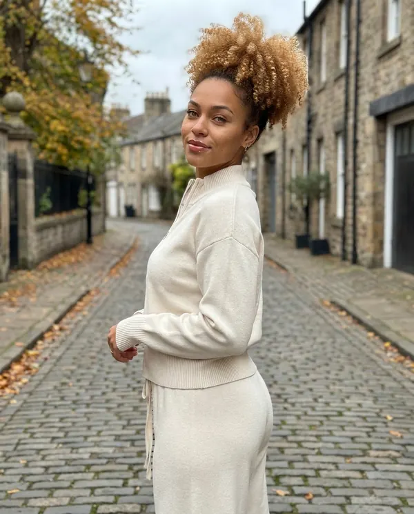 Satin Eve styling: Cream Zip Cardigan and Wide-Leg Knit Trouser Set