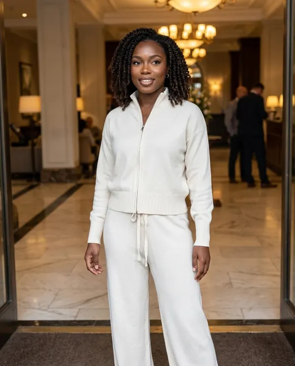 Satin Eve styling: Cream Zip Cardigan and Wide-Leg Knit Trouser Set