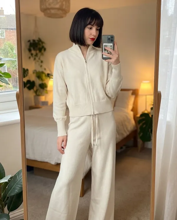 Satin Eve styling: Cream Zip Cardigan and Wide-Leg Knit Trouser Set