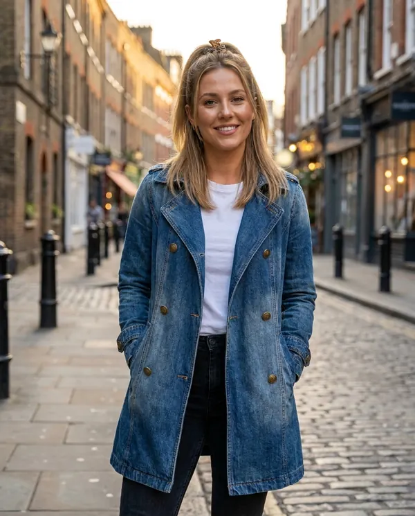 Satin Eve styling: Double-Breasted Denim Trench Coat