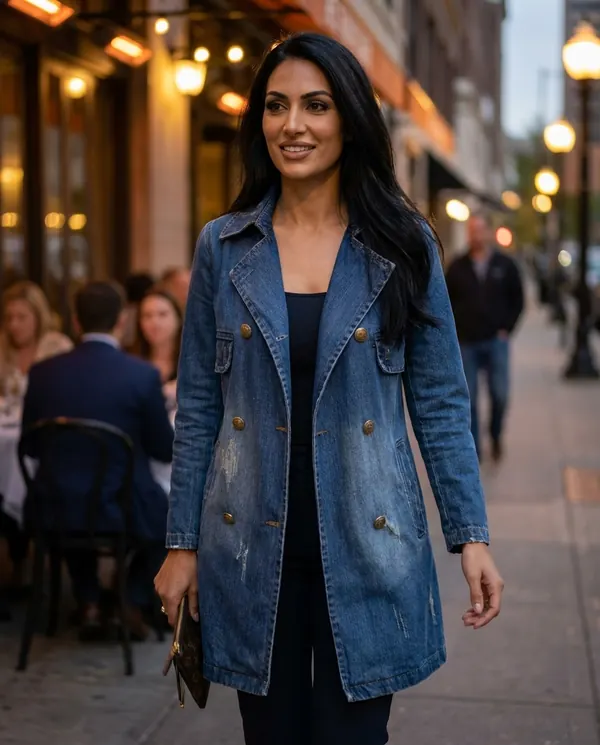 Satin Eve styling: Double-Breasted Denim Trench Coat