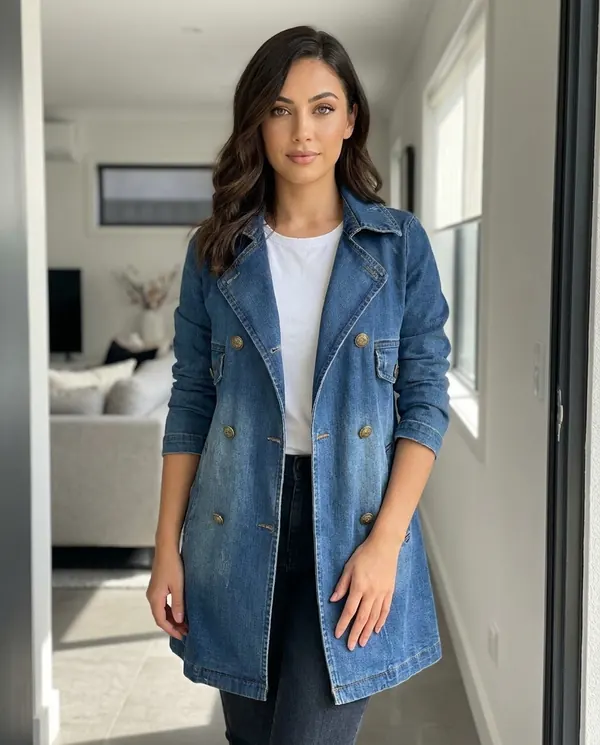 Satin Eve styling: Double-Breasted Denim Trench Coat
