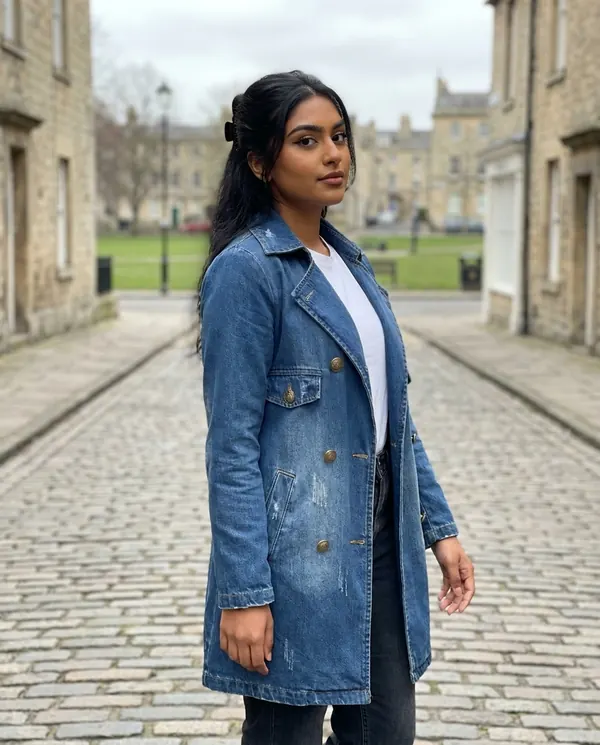 Satin Eve styling: Double-Breasted Denim Trench Coat