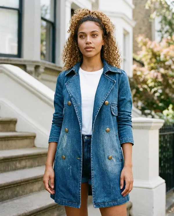 Satin Eve styling: Double-Breasted Denim Trench Coat