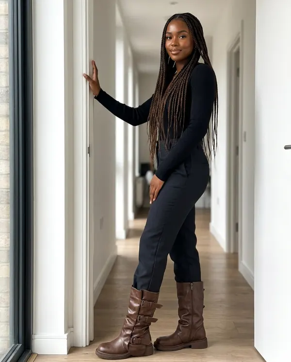 Satin Eve styling: Triple-Buckle Slouch Mid-Calf Boot