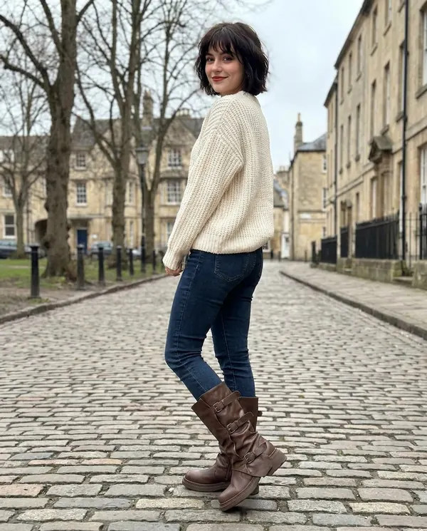 Satin Eve styling: Triple-Buckle Slouch Mid-Calf Boot
