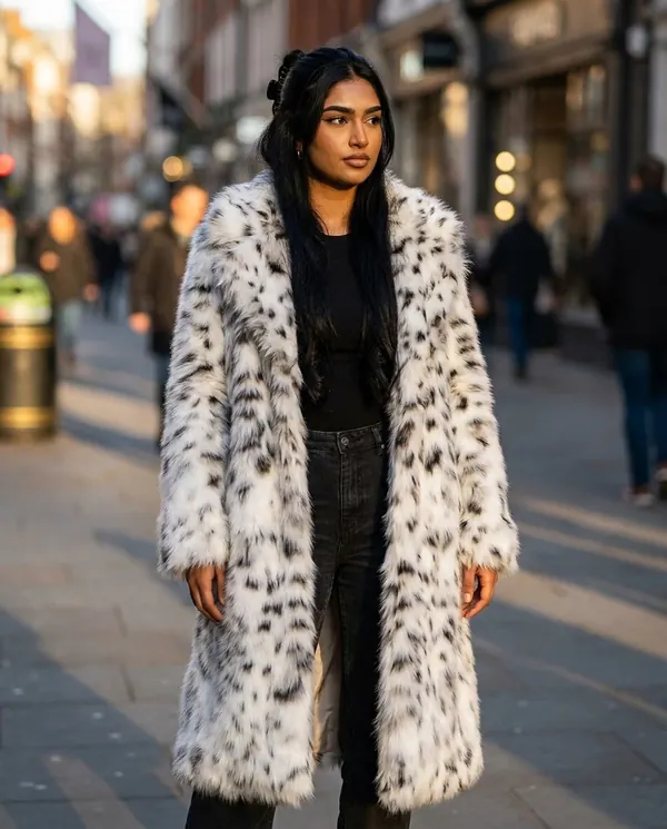 Satin Eve styling: Snow Leopard Faux Fur Coat