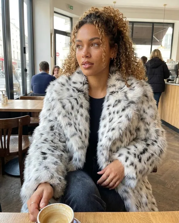 Satin Eve styling: Snow Leopard Faux Fur Coat
