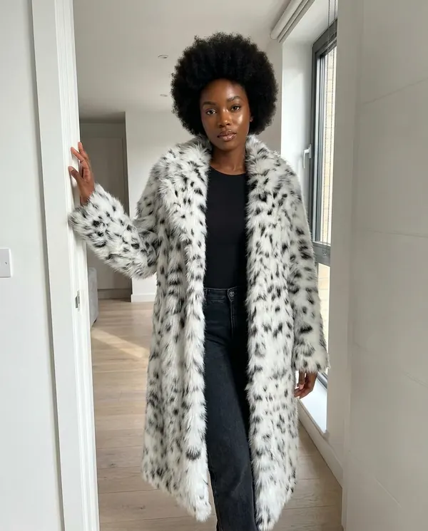 Satin Eve styling: Snow Leopard Faux Fur Coat
