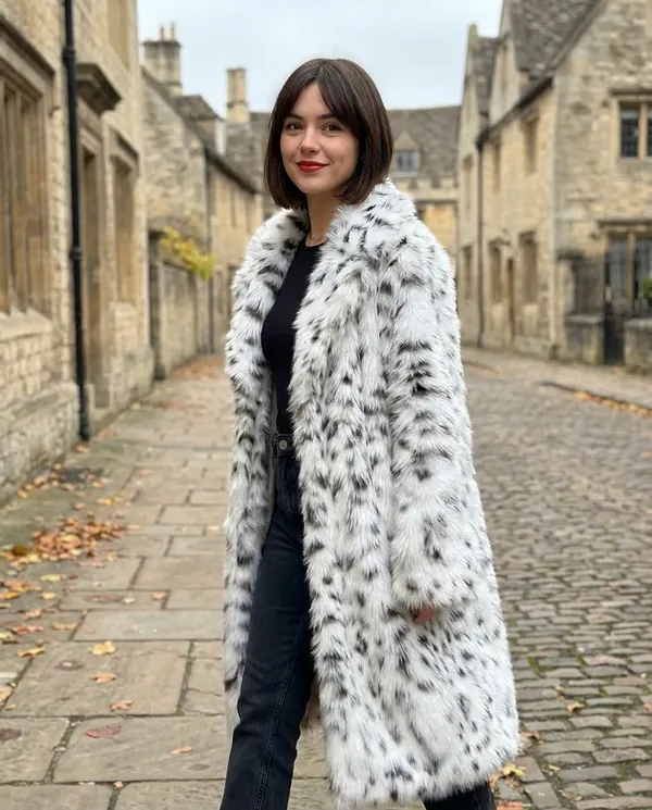 Satin Eve styling: Snow Leopard Faux Fur Coat