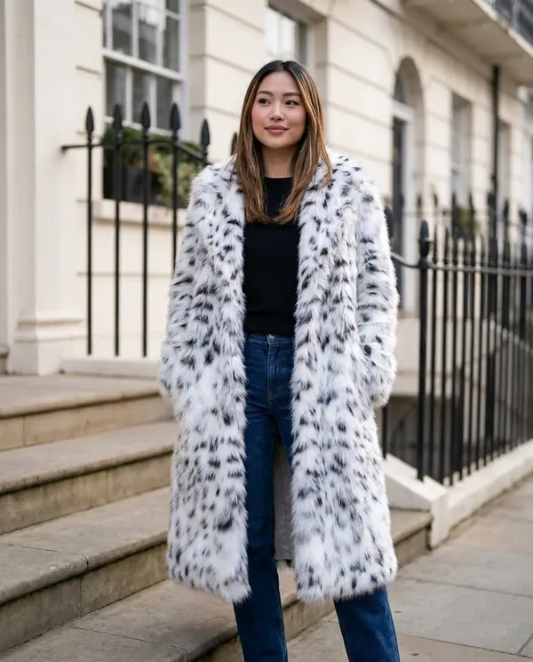 Satin Eve styling: Snow Leopard Faux Fur Coat