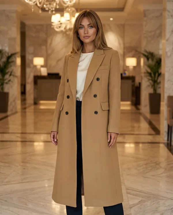 Satin Eve styling: Double-Breasted Maxi Wool-Look Coat with Flap Pockets