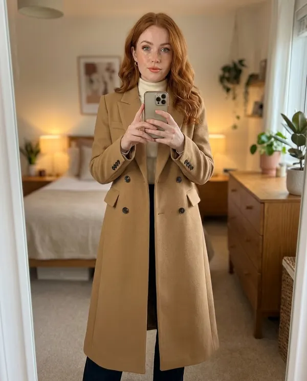 Satin Eve styling: Double-Breasted Maxi Wool-Look Coat with Flap Pockets