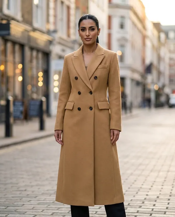 Satin Eve styling: Double-Breasted Maxi Wool-Look Coat with Flap Pockets