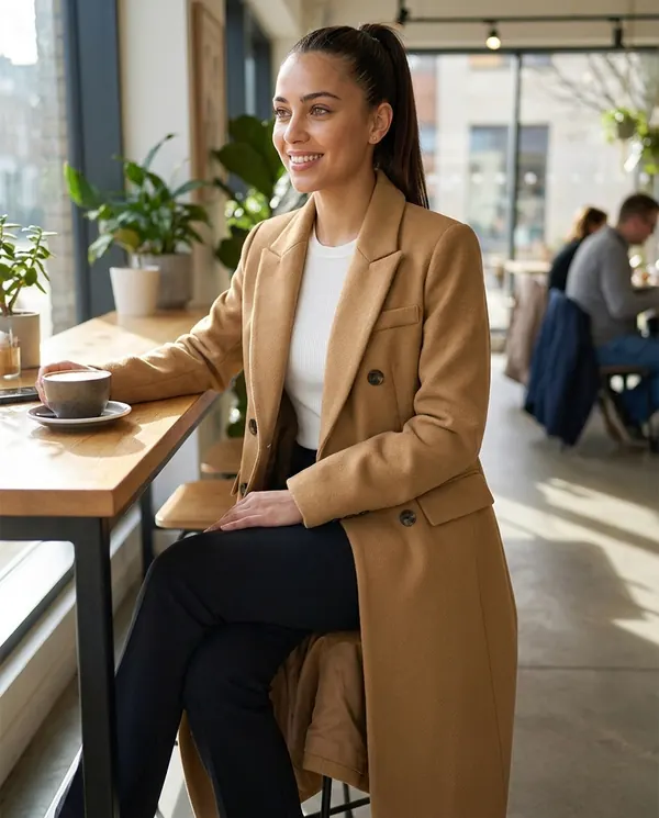 Satin Eve styling: Double-Breasted Maxi Wool-Look Coat with Flap Pockets