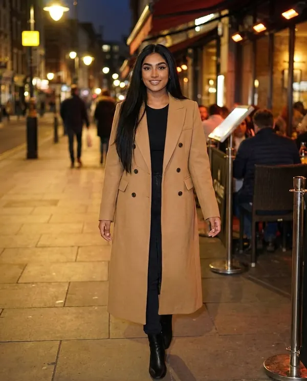 Satin Eve styling: Double-Breasted Maxi Wool-Look Coat with Flap Pockets