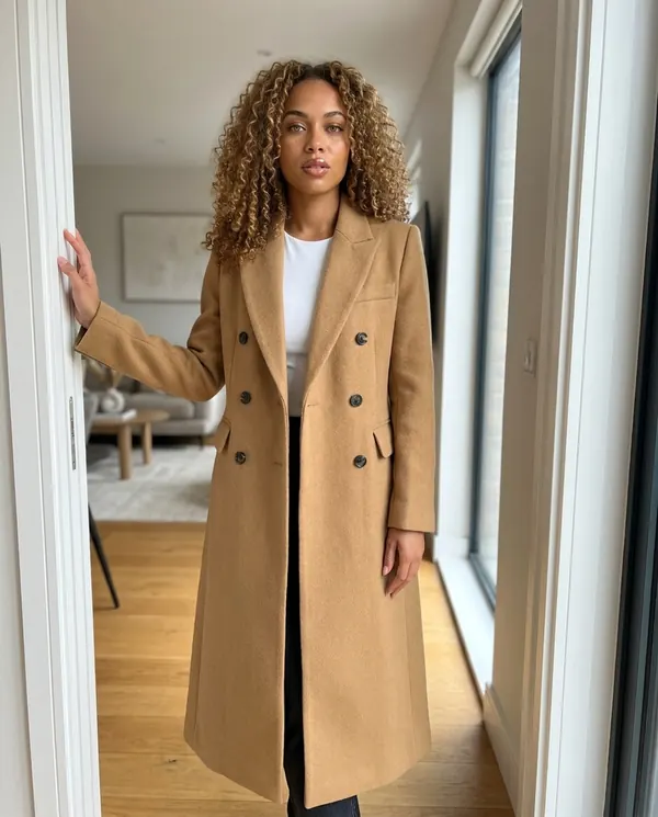 Satin Eve styling: Double-Breasted Maxi Wool-Look Coat with Flap Pockets