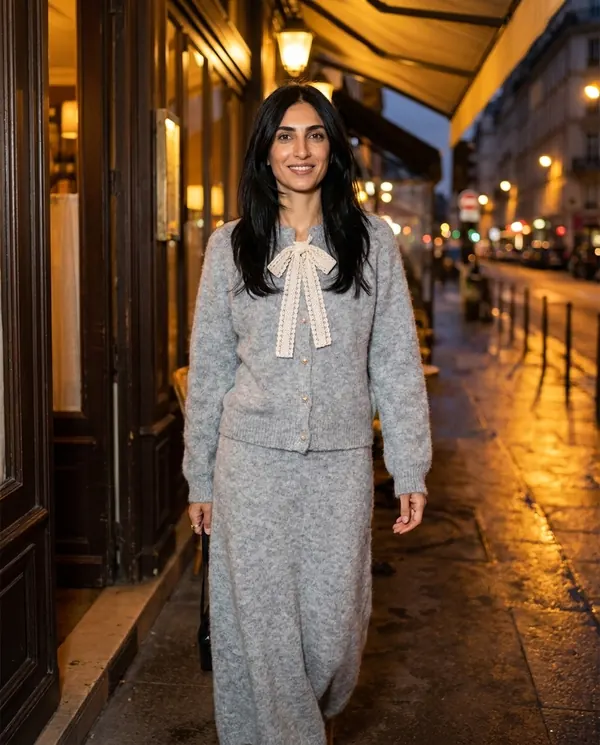 Satin Eve styling: Bow Tie Cardigan and Knit Midi Skirt Set