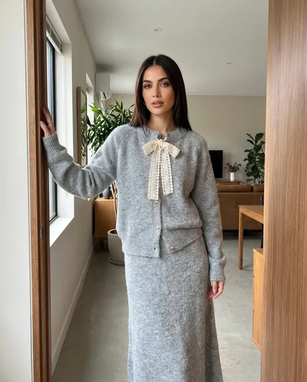Satin Eve styling: Bow Tie Cardigan and Knit Midi Skirt Set