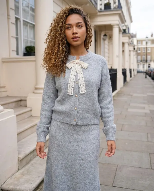 Satin Eve styling: Bow Tie Cardigan and Knit Midi Skirt Set