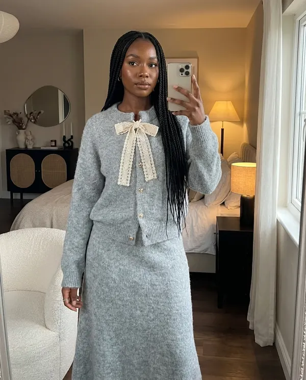 Satin Eve styling: Bow Tie Cardigan and Knit Midi Skirt Set