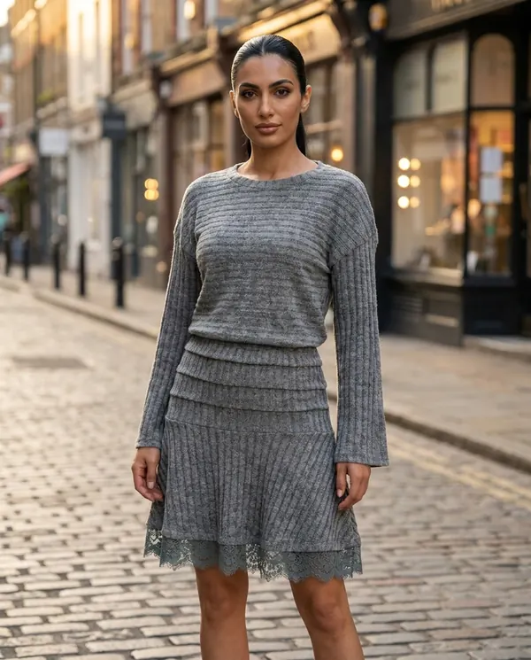 Satin Eve styling: Rib Knit Jumper and Lace Hem Mini Skirt Set