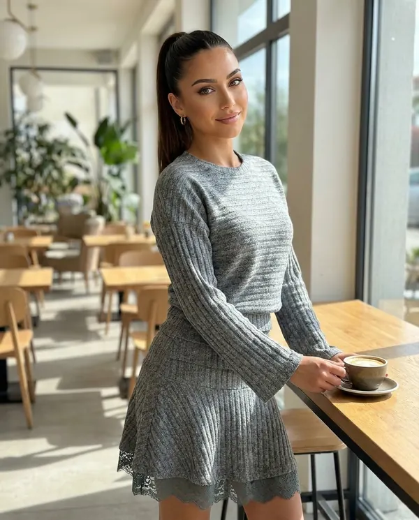 Satin Eve styling: Rib Knit Jumper and Lace Hem Mini Skirt Set