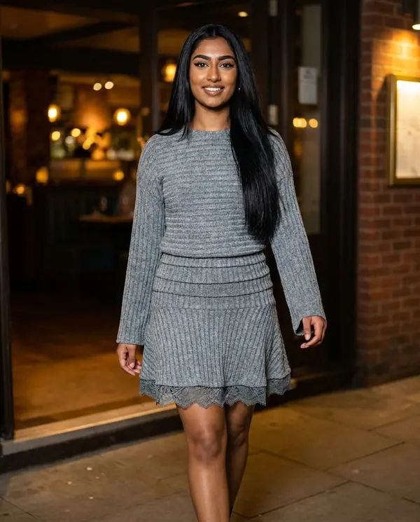 Satin Eve styling: Rib Knit Jumper and Lace Hem Mini Skirt Set