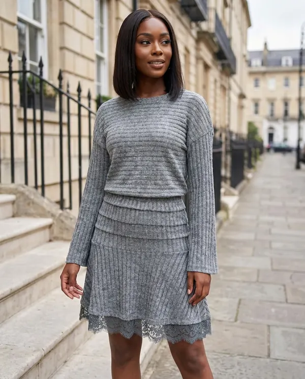 Satin Eve styling: Rib Knit Jumper and Lace Hem Mini Skirt Set