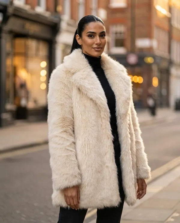 Satin Eve styling: Faux Fur Coat with Wide Collar and Long Pile