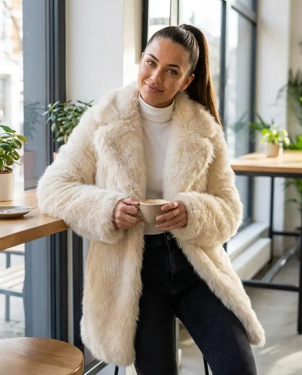 Satin Eve styling: Faux Fur Coat with Wide Collar and Long Pile
