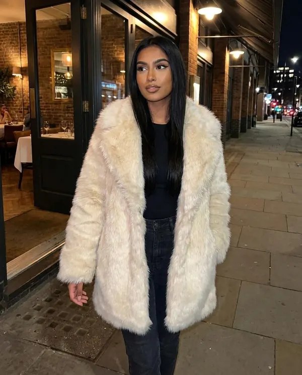 Satin Eve styling: Faux Fur Coat with Wide Collar and Long Pile