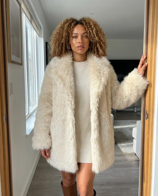 Satin Eve styling: Faux Fur Coat with Wide Collar and Long Pile
