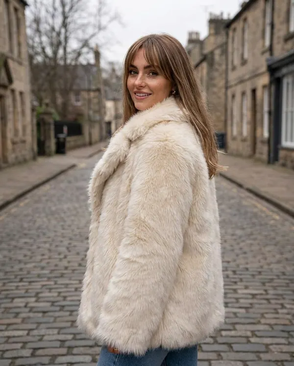 Satin Eve styling: Faux Fur Coat with Wide Collar and Long Pile
