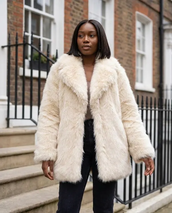 Satin Eve styling: Faux Fur Coat with Wide Collar and Long Pile
