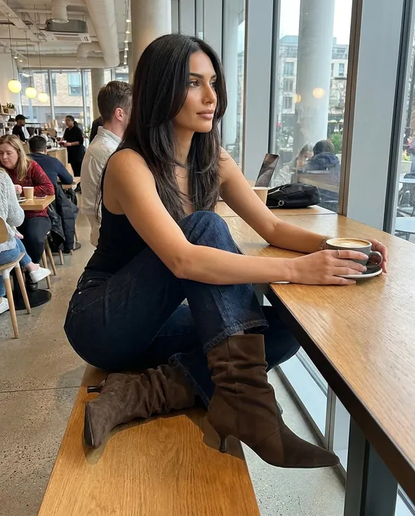 Satin Eve styling: Kitten-Heel Faux Suede Slouch Boot