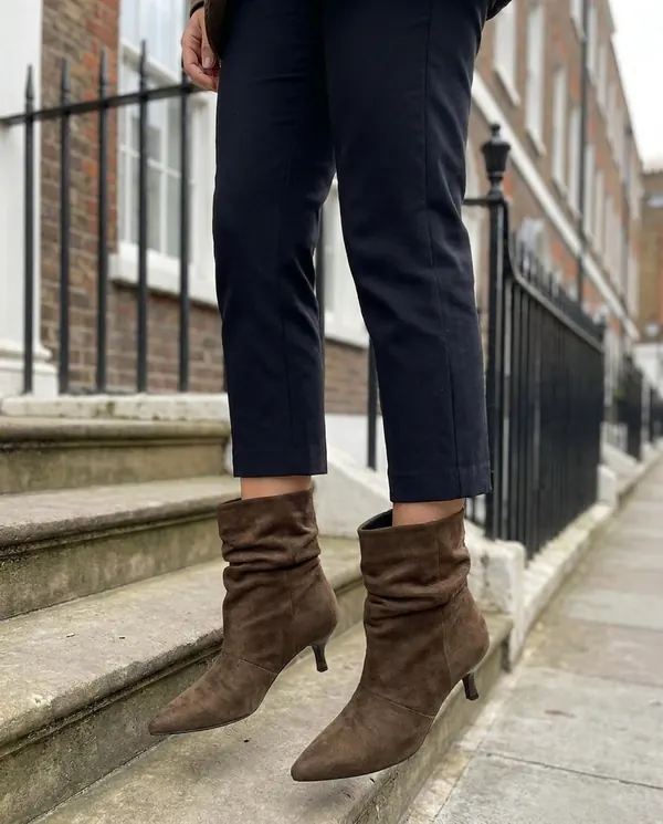 Satin Eve styling: Kitten-Heel Faux Suede Slouch Boot