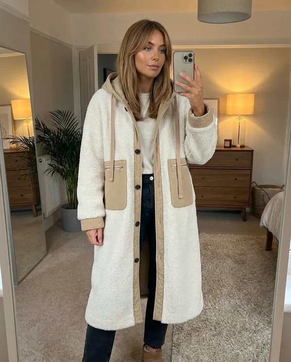 Satin Eve styling: Hooded Faux Shearling Long Coat