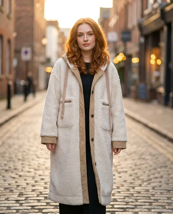 Satin Eve styling: Hooded Faux Shearling Long Coat