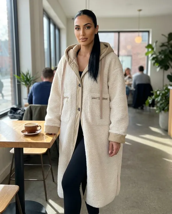 Satin Eve styling: Hooded Faux Shearling Long Coat