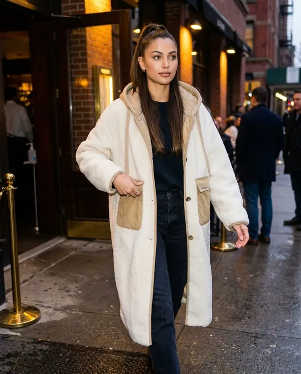 Satin Eve styling: Hooded Faux Shearling Long Coat