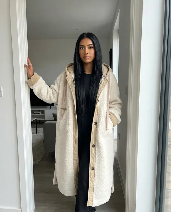 Satin Eve styling: Hooded Faux Shearling Long Coat