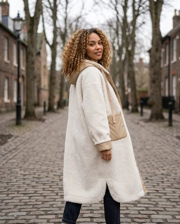 Satin Eve styling: Hooded Faux Shearling Long Coat