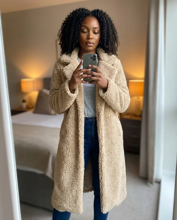 Satin Eve styling: Open-Front Long Teddy Coat