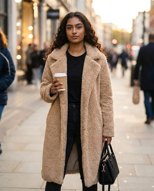 Satin Eve styling: Open-Front Long Teddy Coat