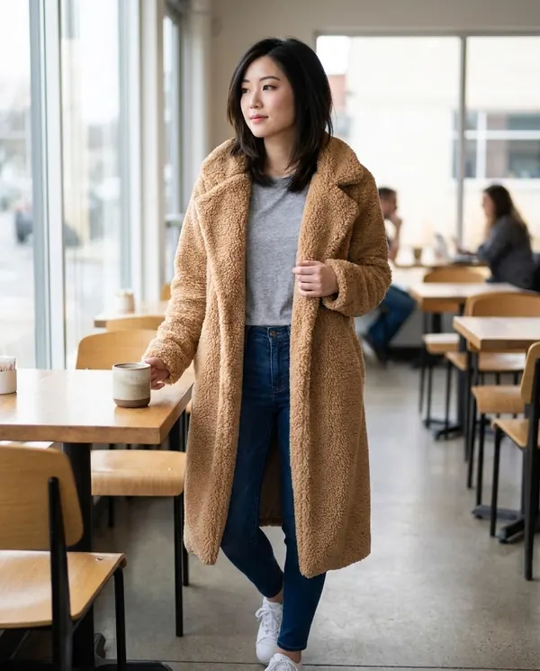 Satin Eve styling: Open-Front Long Teddy Coat