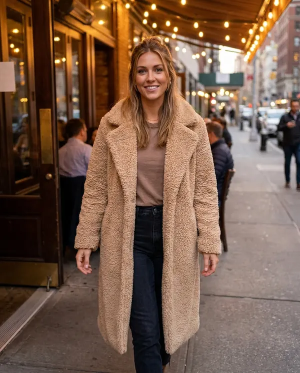 Satin Eve styling: Open-Front Long Teddy Coat