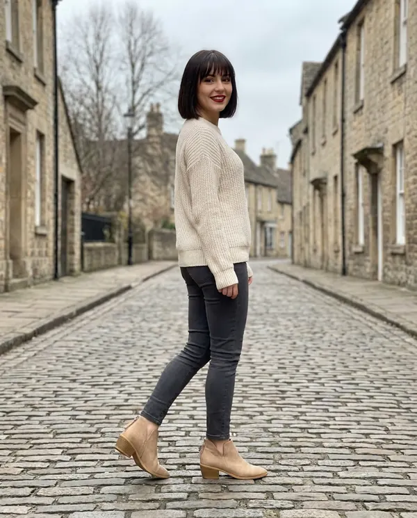 Satin Eve styling: Faux Suede V-Cut Block-Heel Ankle Boot